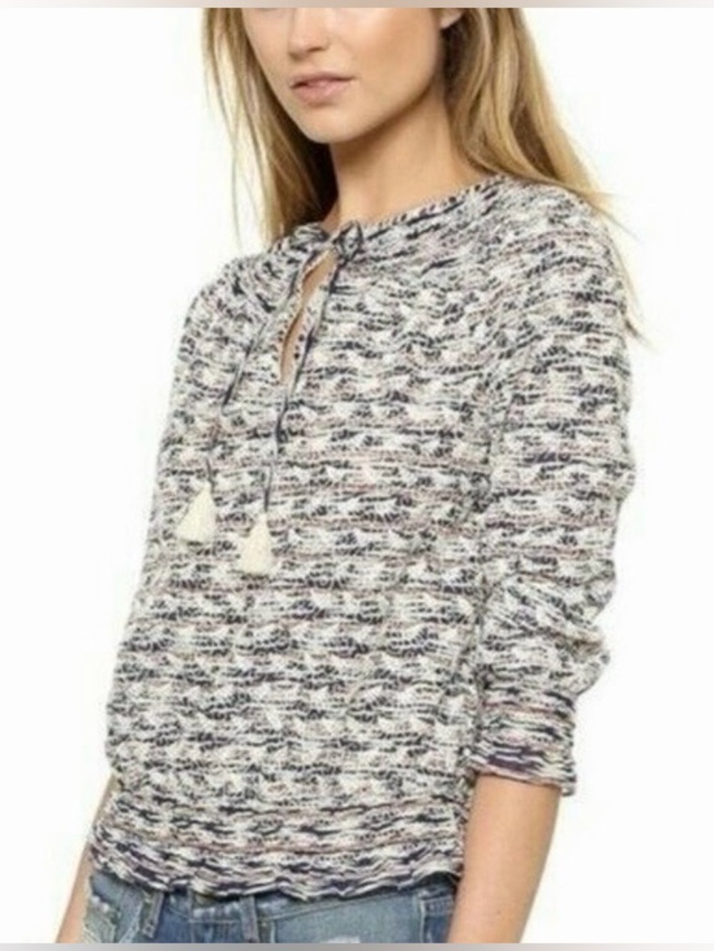 Tory Burch Nadia Peasant Embroidered Top Smocked Hem Tassel Tie -Blue White - 2